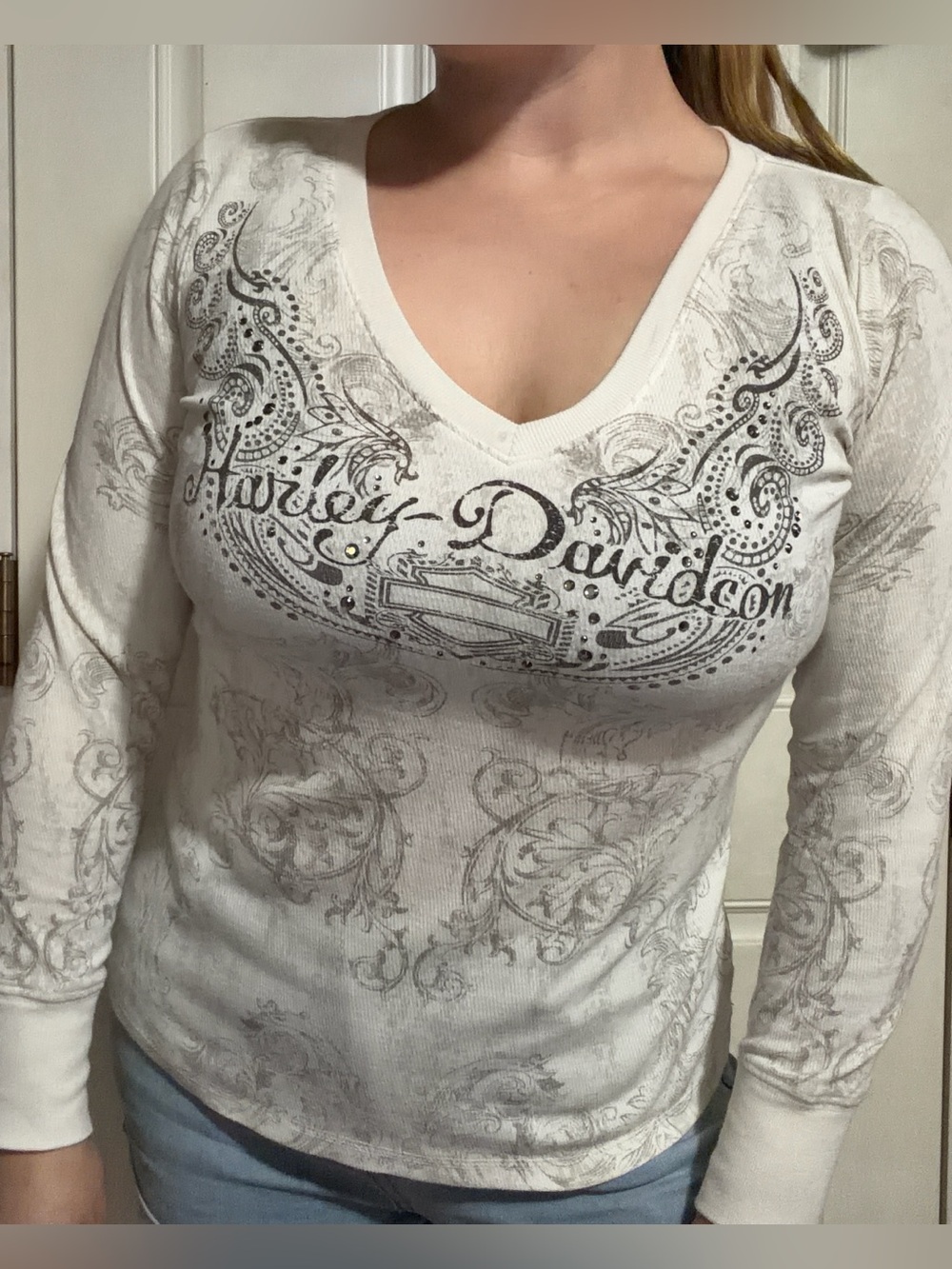 Y2K Harley Davidson Long Sleeve Thermal Shirt with Design and Rhinestones